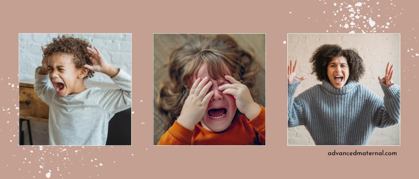 Image shows two children, yelling and crying, and one midlife mama with her hands up in crisis